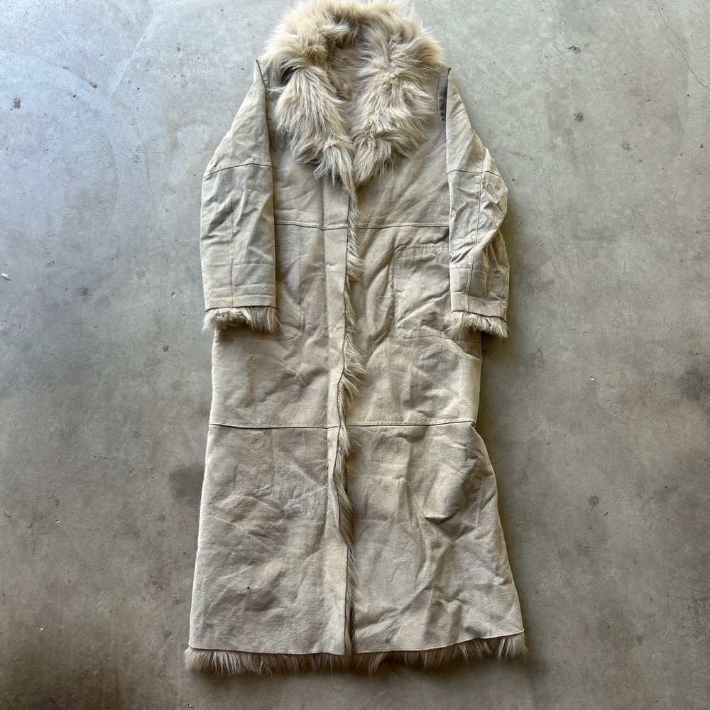Vintage Tan Suede Longline Coat Faux Fur Trim Penny Lane Afghan Style Boho